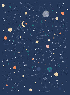 Space flat background with planets and stars. Vector illustration.