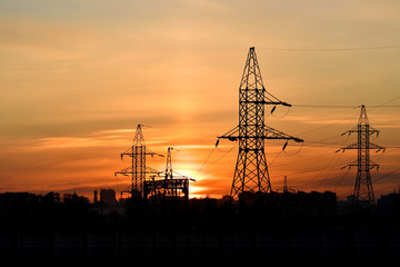 sunset in the city, electric network, sunset, solntse,