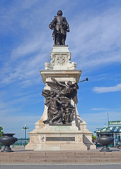 A statue commemorates the founder of Quebec city Samuel de Champlain in the walled city or citadel.