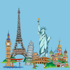 Landmarks: Eiffel tower, leaning Tower of Pisa, Easter island, Torii, Big Ben, Coliseum, Kremlin, The Statue of Liberty. Design of vector illustrations.