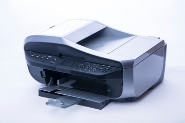 Multifunction A4 inkjet printer on white background. Printer, scanner, fax and photocopier.