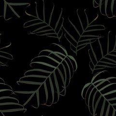 Seamless exotic pattern with tropical leaves on a black background. 