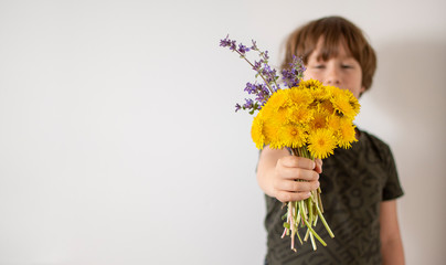 Uśmiechnięty chłopiec trzymający bukiet polnych kwiatów, białe tło. - obrazy, fototapety, plakaty