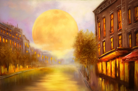 Oil paintings landscape, moon, old city street scene. Fine art, artwork