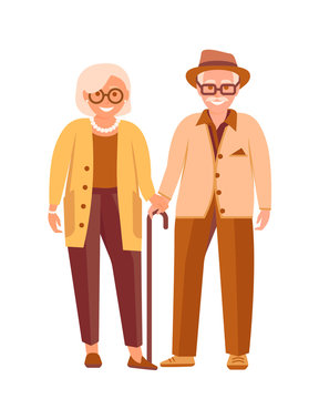 Elderly Couple. Old Senior People Holding Hands. Happy Grandparents With Walking Stick. Two Older Persons. Aged Man And Woman Spend Time Together. Vector Illustration Isolated On White  