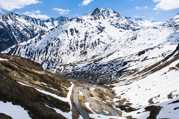 Aerial view of the Oberalp pass mountain road toward Disentis in Canton graubunden in the alps in Switzerland © D.Marti