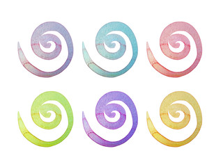 Watercolor background. Rainbow set of spirals. Watercolor hand drawing spirals on white Background. Grunge icon, symbol, logo, party decor.
