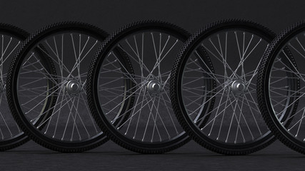 Fototapeta premium The group of black bicycle wheels with chrome needles on the black background. 3d render.