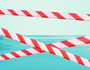 Obraz premium Closed beach with prohibition tapes. Blue surface of the sea. Delayed vacation background, tourism in decline