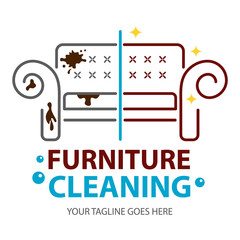 Furniture dry cleaning before and after logo flat concept. Sofa professional washing, laundry service. Furnishing delicate cleaning, stain removing equipment.