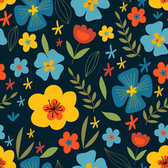 Seamless floral pattern. Cute pattern with flat multi-colored flowers on a dark background.Multicolor stylized flowers and leaves.For fabric, Wallpaper, wrapping paper design,botanical wrapping paper