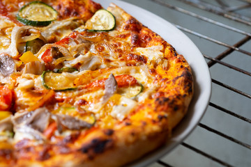 Pizza vegetarian with mushroom and .cheese