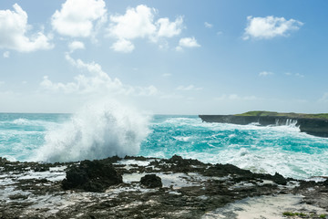 
Sea Caribbean landscape in Dominican republic with palm trees, sandy beach, green mountains, rocks, blue sky and turquoise water 