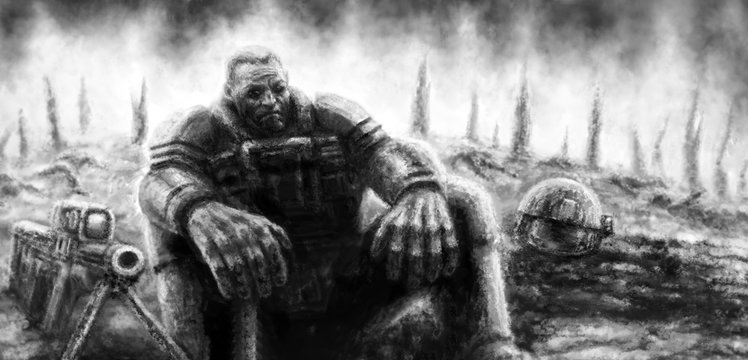 A tired soldier sits on the battlefield with his arms dangling from his knees.