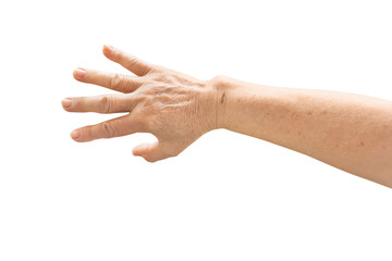 Elderly woman hand open isolate is on white background with clipping path
