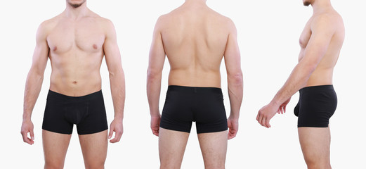 Collage different angle view of a muscular man wearing underwear isolated on gray background. Black underwear for men.