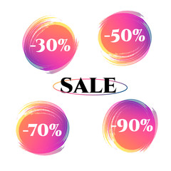Price tag discount 30 50 70 90 sale Set Bright duotone gradient banner for web stores shop online sale sticker promo action Modern label price tag theme business ads marketing promotion Vector title