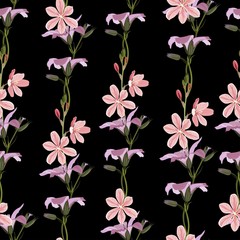 Seamless pattern with  summer wild garden flowers. Endless texture. Violet meadow flowers. Black background.