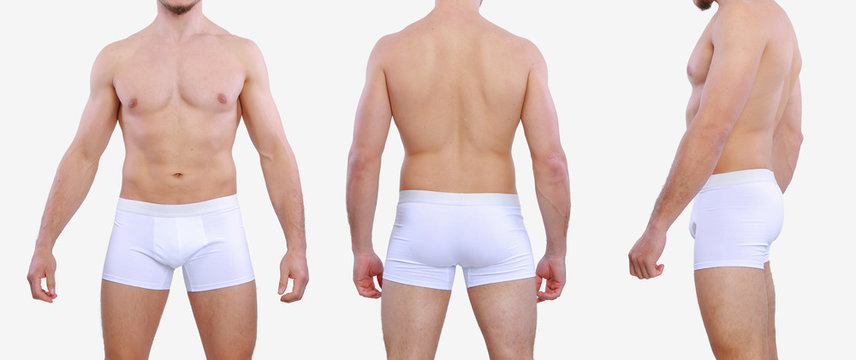 Collage different angle view of a muscular man wearing underwear isolated on gray background. White underwear for men.