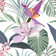 Seamless pattern: Succulent, banana flower,  tropical palm leaves. Hand drawn beautiful elements. Nature botanical art, elegant greenery wallpaper background, print design, exotic bouquet.