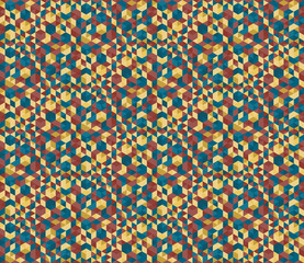 Ornamental vector seamless pattern. Abstract design with red, green and yellow triangles and hexagons. Ceramic hex tiles in arabian style. Hexagonal wallpaper/background/backdrop. Colorful texture.