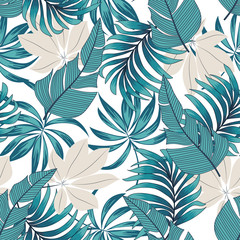 Abstract seamless tropical pattern with bright plants and leaves on a delicate background. 
Seamless exotic pattern with tropical plants. Beautiful seamless vector floral pattern.