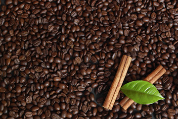 aromatic coffee beans with coffee leaf