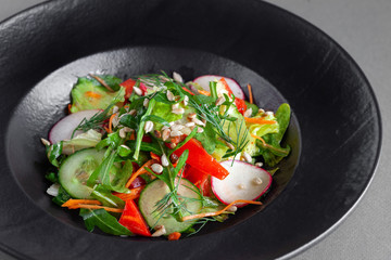 Fresh vegetable salad, tomato, cucumber, radish, lettuce, herbs