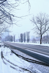 Winter empty asphalt road covered with snow and bare trees