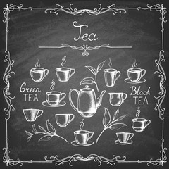 Set of tea collection with a tea cup in vintage style on chalkboard. Vector illustration.