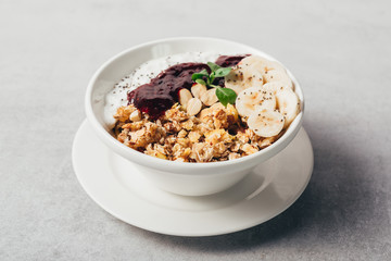 crunchy muesli on bright background