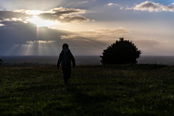 silhouette of a boy in a field