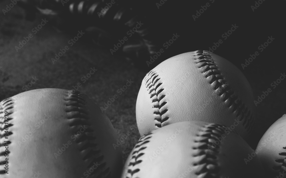 Poster Baseball balls for sport game in black and white close up. - Posters