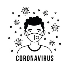 Man in protective medical face masks. Concept of disease, sickness, alergies, pollution, coronavirus, COVID-19, 2019-nCoV. Influenza, flu, hay fever prevention. Vector illustration.