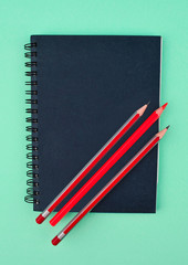 Some red colored wood pencil crayons placed on top of a blue color diary