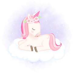 Baby Unicorn sleeping on the cloud hand drawn cartoon animal watercolor illustration