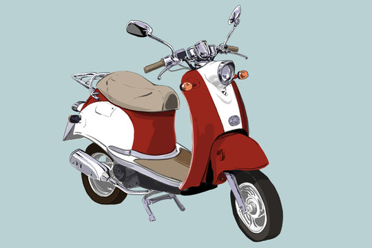 Mehrfarbige Illustration eines Vintage-Motorrollers  in rot und wei&szlig;