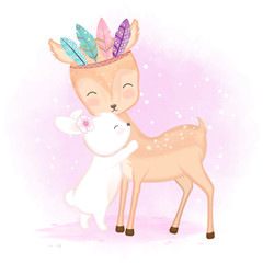 Cute deer with feathers and bunny hand drawn cartoon illustration watercolor background