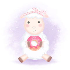 Cute sheep holding donut hand drawn cartoon animal watercolor illustration