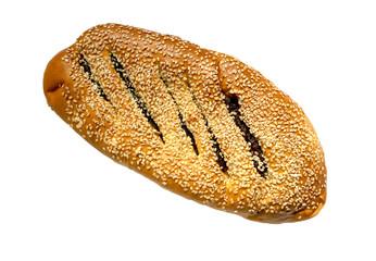 Ma'arook bread with date fruit and sesame seeds isolated on white background, top view. Marouk...
