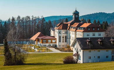 Beautiful spring view with a conference and recreation house near Kostenz, Bavarian forest, Bavaria, Germany