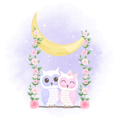 Cute couple owl on swing hand drawn cartoon illustration