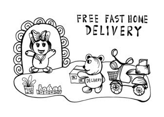 Delivery vector image Delivery of parcels, utensils and food using a shipping box near the door due to the coronary outbreak of the C0vid-19 virus. Safe. No home delivery.