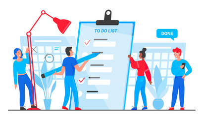 To do list, goals complete concept vector illustration. Cartoon flat tiny people group planning, standing near checklist planner paper document, marking completed business tasks isolated on white