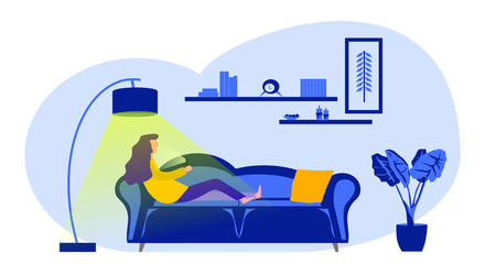 Young woman on the sofa looking at the phone at night with the lamp on. Vector image.

