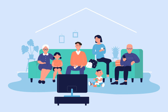 Happy big family at home vector illustration. Cartoon flat adult characters and children sitting on sofa together and watching TV news or movie in living room. Family relax in evening time background