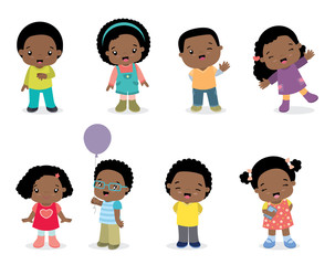 Cute Little African American Children in Colorful Clothes Posing Kawaii Style Simple Vector Illustration Set Isolated on White set 01