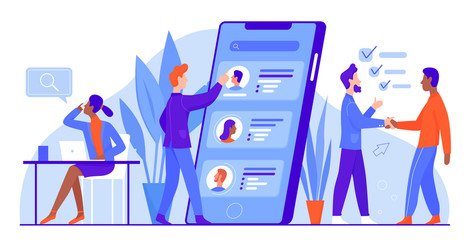 Business recruiting vector illustration. Cartoon flat professional office interviewer characters search candidate for job interview, hire new employee. Recruitment company, HR agency isolated on white