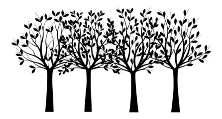 Group of black Trees with Leaves. Vector outline Illustration. Outline Tree, Plants in Garden.