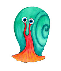 Beautiful orange snail with a green shell. Funny big eyed creature with surprised expression. Hand drawn watercolor illustration isolated on a white background.
